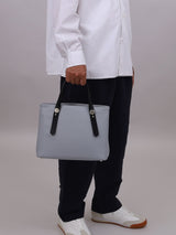 ミニレザートート 限定カラーのブルーミスト×ブラックハンドル