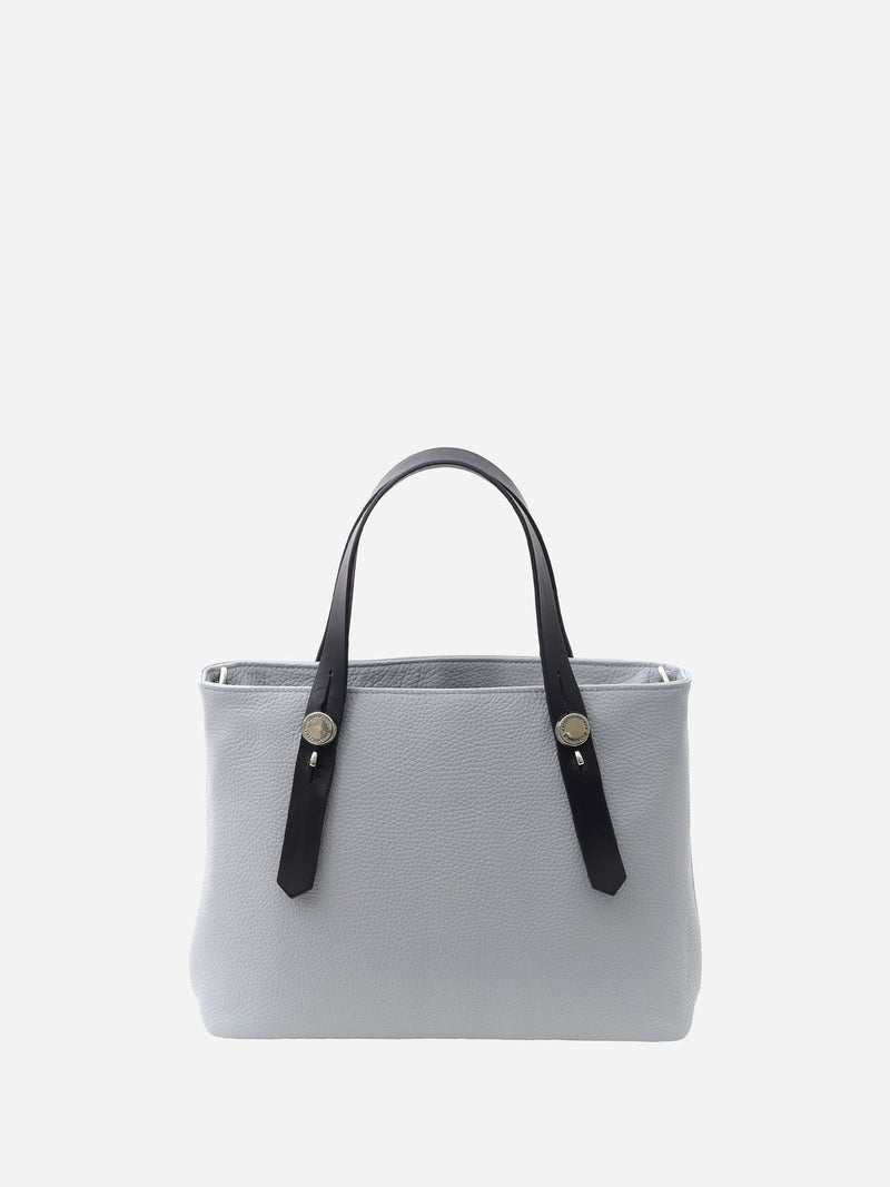 ミニレザートート 限定カラーのブルーミスト×ブラックハンドル