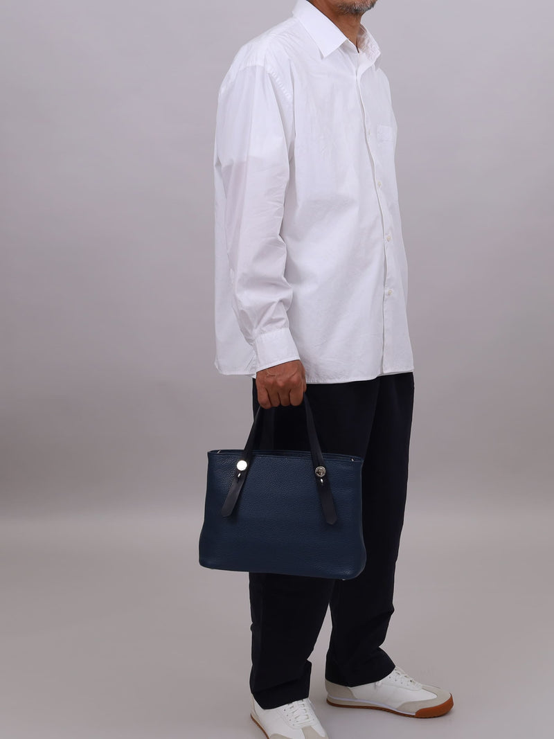 ミニレザートートバッグ  カツユキコダマ オリジナルシルバー釦使用 NAVY